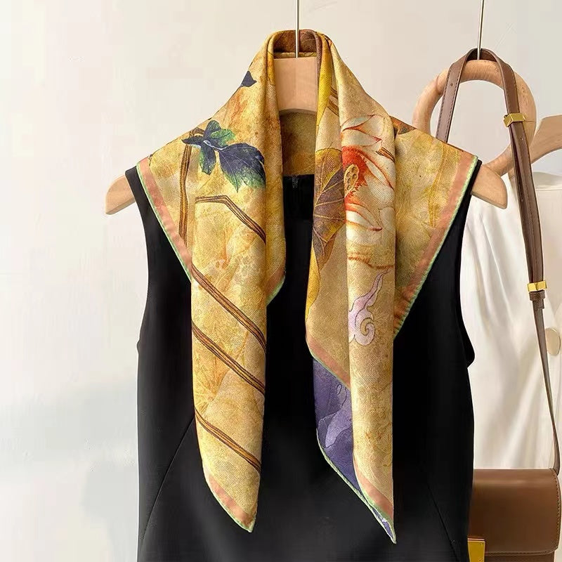 Chinese Tea Silk Scarf Foe Women Floral Print Satin scarf For Headscarf Hair Wraps Shawl With Gift Packed