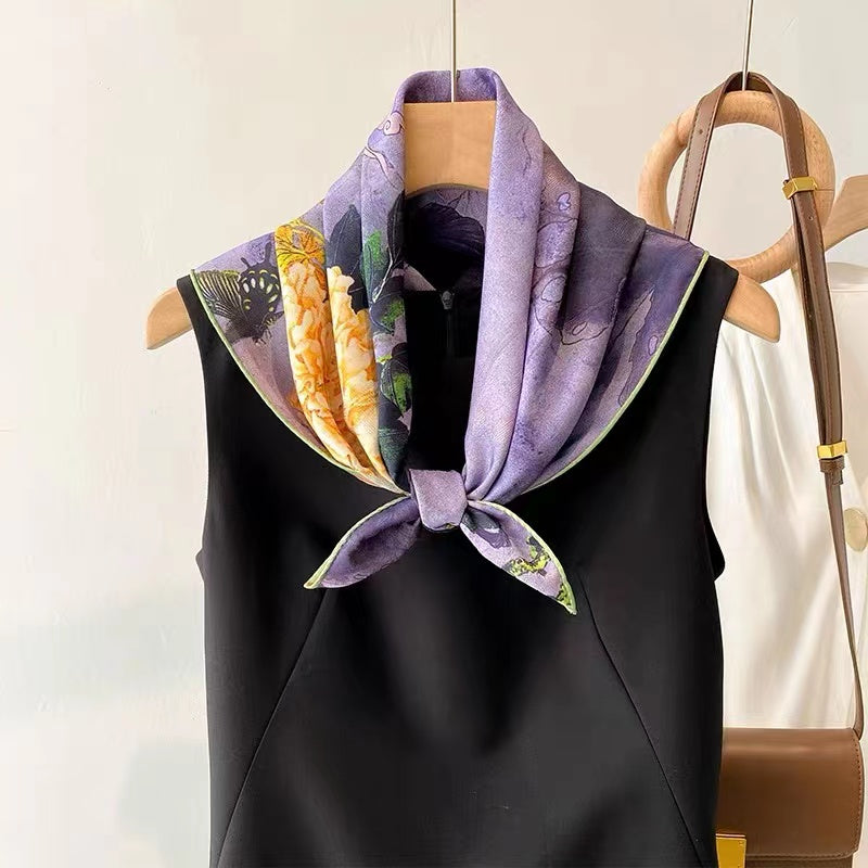 Chinese Tea Silk Scarf Foe Women Floral Print Satin scarf For Headscarf Hair Wraps Shawl With Gift Packed