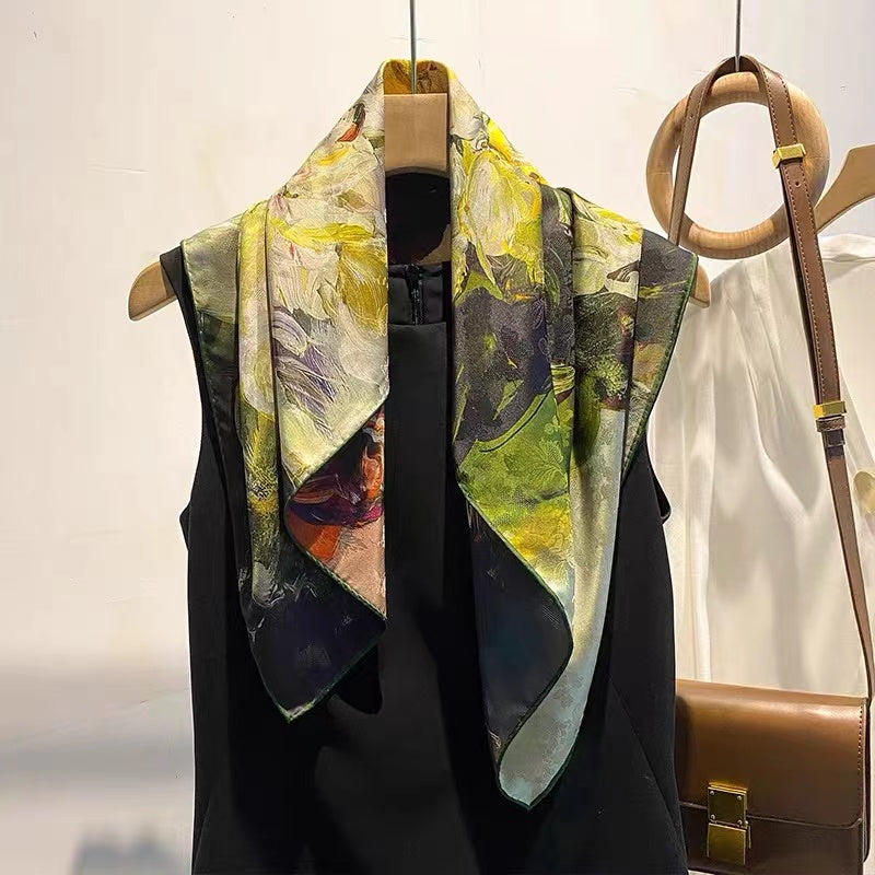 Chinese Tea Silk Scarf Foe Women Floral Print Satin scarf For Headscarf Hair Wraps Shawl With Gift Packed