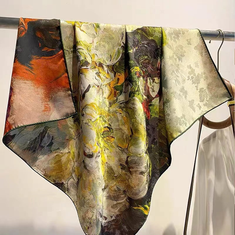 Chinese Tea Silk Scarf Foe Women Floral Print Satin scarf For Headscarf Hair Wraps Shawl With Gift Packed