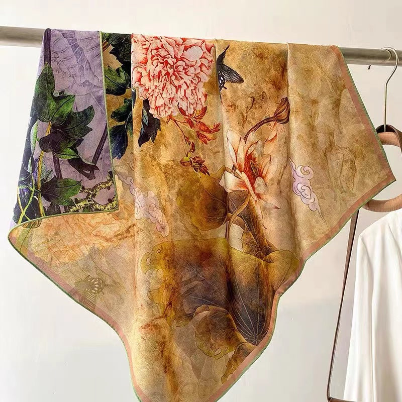 Chinese Tea Silk Scarf Foe Women Floral Print Satin scarf For Headscarf Hair Wraps Shawl With Gift Packed