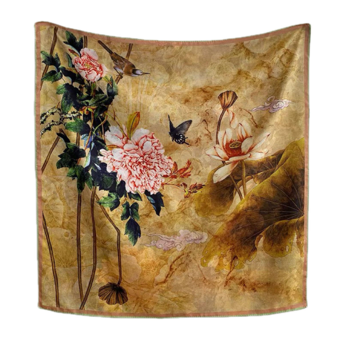 Chinese Tea Silk Scarf Foe Women Floral Print Satin scarf For Headscarf Hair Wraps Shawl With Gift Packed